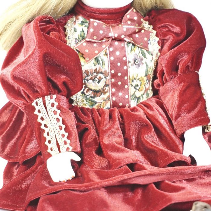 自民党30%OFF！　ビンテージ　ビスクドール　クロスボディ　高さ44㎝ ワインレッドのベロアの服を纏ったブロンドの女の子　エステートセール ATN ビスクドール