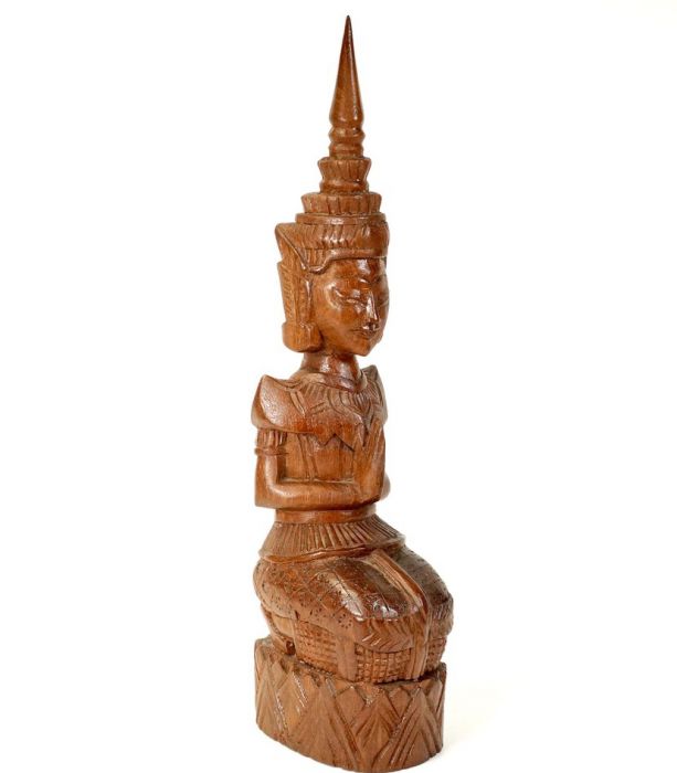 ビンテージ タイ製 一刀彫民族人形 祈る女性像 木彫りオブジェ 高さ