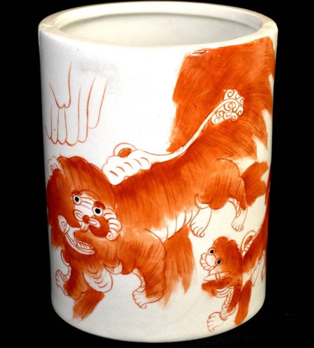 【送料無料】中国古玩　中国古美術　同治年製 陳連盛作　赤絵唐獅子漢詩紋器 陶器