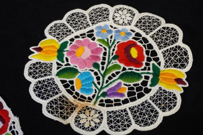 ビンテージ ハンガリー製 カロチャ刺繍 レースコースター 直径17㎝ 若干のシミがありますが、 色とりどりの花刺繍が素敵 AYS