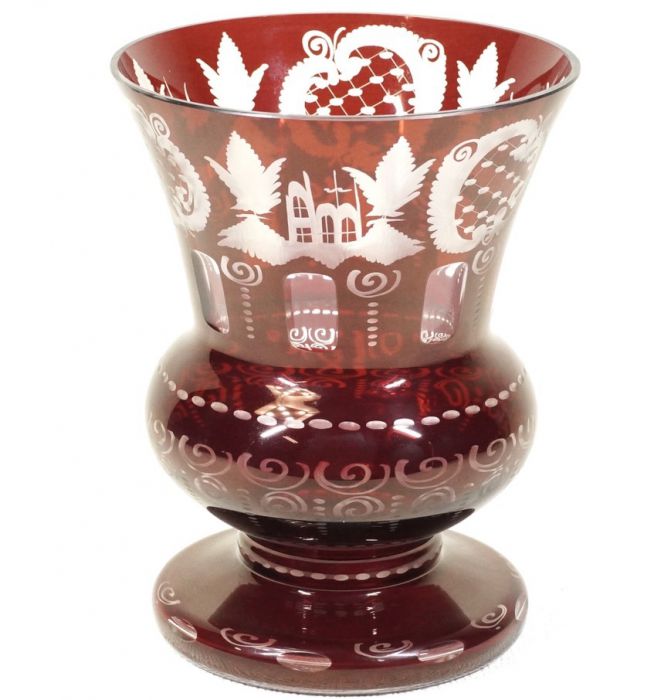 ビンテージ　チェコスロバキア ボヘミアクリスタルガラス Egerman 名門エーゲルマン製 フラワーベース レッド 花瓶 直径13㎝ 高さ21cm  ATN