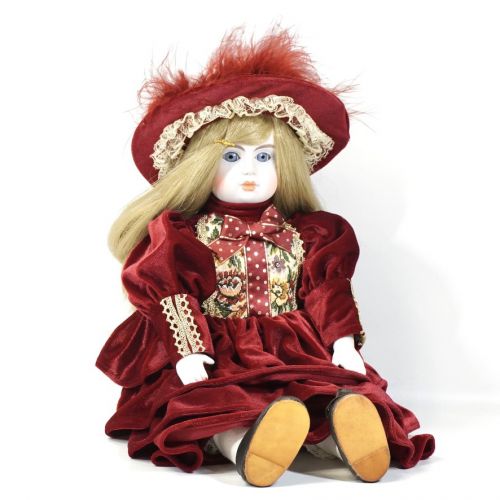 30% off! Vintage bisque doll crossbody height 44cm blonde girl in wine red velor estate sale ATN