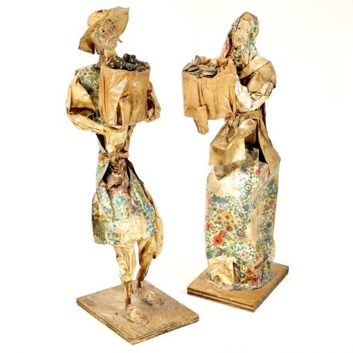 Vintage Mexican papier-mâché old couple carrying crops handmade paper doll height 32cm! The aging taste is wonderful! FYO