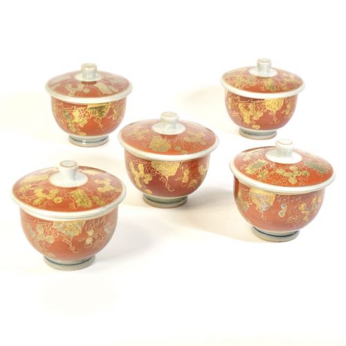 Showa vintage Kutani ware Eiraku-style gold brocade hand grape design tea cup with lid 5-legged tea utensils Sencha utensils A gorgeous gem with a combination of patterns and colors IHK