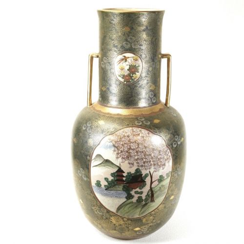 30% off! Early Showa era, Satsuma ware, Renzan-zukuri, genuine gold painting, large vase with sansui, flower crest, ears, diameter 29 cm, height 58 cm, finely detailed painting is a beautiful gem! ATN