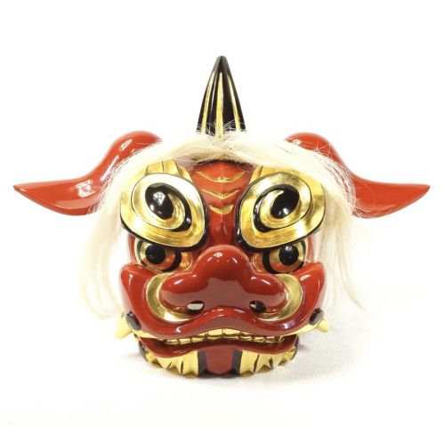 Early Showa era vermilion lion head, lion dance, for floor decoration, co-box, 8-inch size. Estate Sale ATN