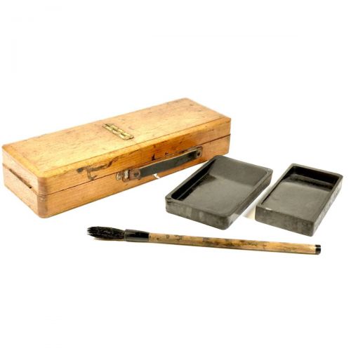 Sold out! Showa vintage wooden box for writing utensils, 2 inkstones, 1 writing brush, brush holder, with handle KAK