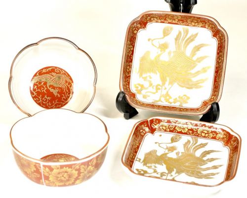 Showa vintage Kutani ware Akado-zukuri Eiraku flower and bird crest 2 customers each Hand salt plate (width 9cm height 2cm) Small bowl (diameter 7.5cm height 4cm) Successive paintings Eiraku style NNM