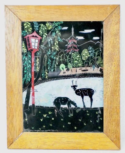 50% off! Showa vintage scratch art glass painting Nara landscape painting SM size It is a tasteful work! Estate Sale INI