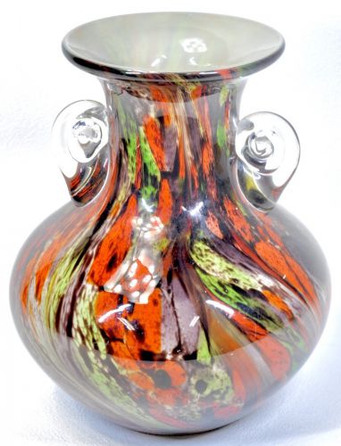 50％OFF！　昭和ビンテージ　亀井硝子製　耳付花瓶　 花器　使いやすい高さ24cm！ 様々な色が織りなす美しい色彩のアートガラス　MSK