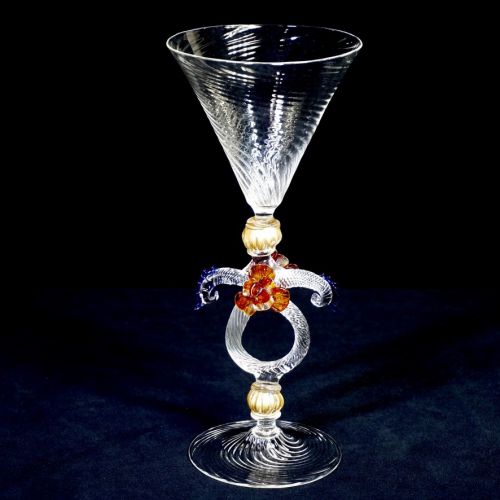 Vintage Italian Venetian Glass Murano Glass Goblet Blown Glass Height 24cm Red Flower and Craftsmanship Twisted Stem ATN