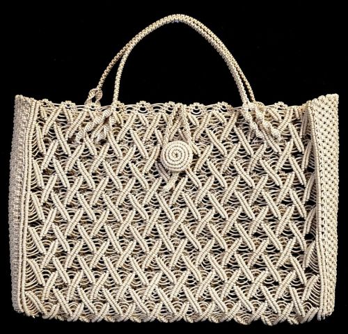 50% off! Showa Retro Macrame Lace Handbag Finger Knitting Handmade Watermark Pattern Fashionable Greige Color Width 30.5cm Height 28cm ATN