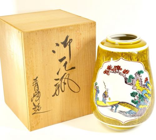 Sold out! Kutani Ware Aomine Zukuri Window Painting Landscape Color Picture Vase Unused Dead Stock Box Diameter 16cm Height 24cm Estate Sale HYK