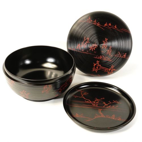 Showa vintage black lacquer animal play landscape map Maru tea chest with tray Motoki lacquer art Diameter 22.5 cm Height 14.5 cm The scenery drawn on the whole is a fun gem! YKT