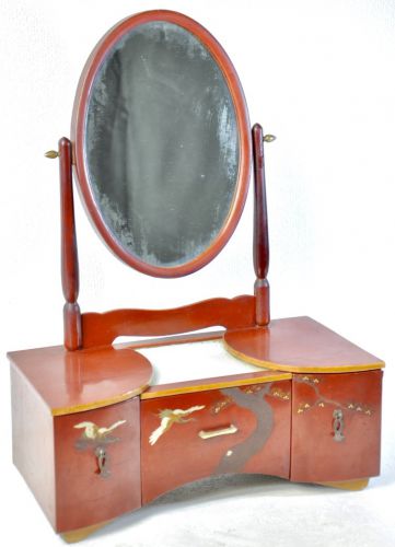Taisho to early Showa period Japanese antique dresser! Matsutsuru crest vermillion dressing table Vanity table Motoki lacquer art Mother of pearl Small and easy to use size! Diameter 39cm YAY