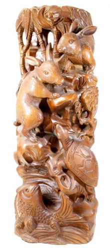 50% off! Chinese antique art Karamono fine open carving rabbit turtle fish image one sword carving Height 56 cm! A wonderful piece carved from a single log! KNA with repair marks