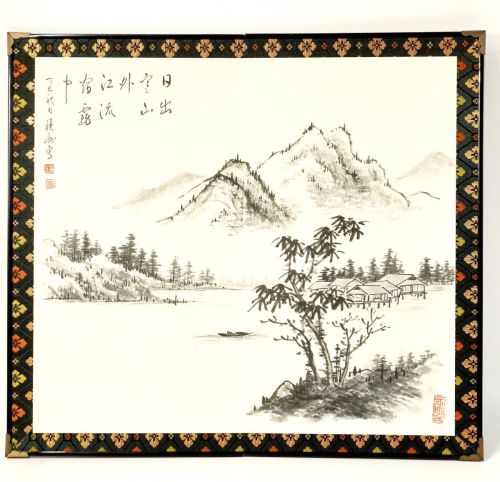 Rikyu Byobu Du Fu's Poetry "Outside Hijikan Mountains, Inside River Inn" Ink landscape painting Two-panel painting Width 30.5 cm Height 27 cm Tasteful hand-painted landscape map HYK