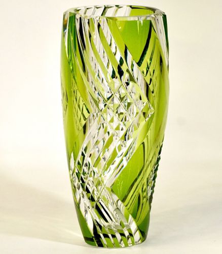 Belgian Valsan Lambert Crystal Glass Hand Cut Green Flower Vase Edition Number 84/150 Height 27cm SHM