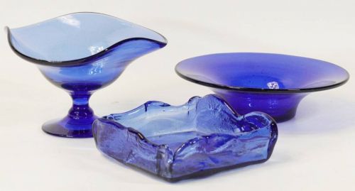 Showa Retro Handmade Blue Glass 3-Piece Set Bowl, Compote (Frappe), Ashtray Blown Glass Beautiful Blue, Handmade Molding KEK