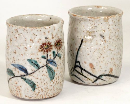 Showa vintage Kutani ware Sozan-zukuri overglaze enamel flower crest teacup 2 sets Sencha utensil Shino ware-like texture with overglaze enamel A rare item in Kutani ware! HHTMore