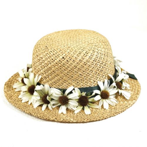 Special selling price! Vintage Straw Hat Bowler Hat Children's size 54 cm Straw and pretty daisy decorations are wonderful! ATN