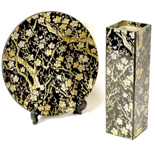 Showa Vintage KANO Kanogiyaman Edaume Decorative Plate / Vase Alignment Gold Thread Silver Thread Confectionery Plate Vase Diameter 24cm Height 24cm Estate Sale SST