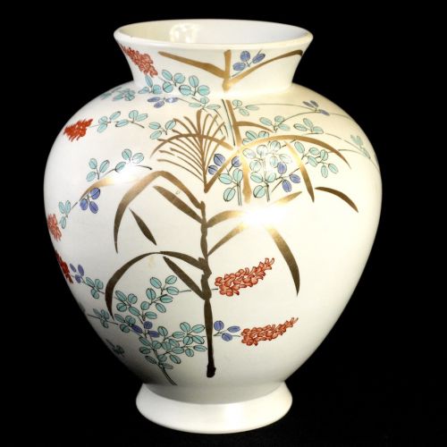 Showa vintage Arita porcelain Imari porcelain gold color picture hand-painted flower crest vase vase inscription diameter 17 cm height 27 cm estate sale THT