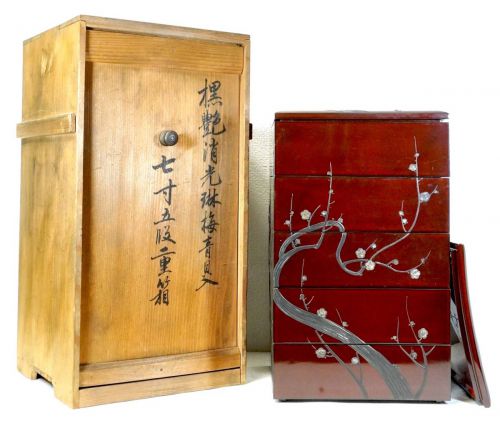 Sold out! Period Taisho period 7-sun five-tier box with Korinbai blue shell Takaoka lacquerware with 2 mother-of-pearl lids Estate sale ANS