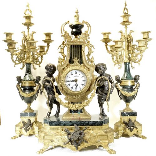 イタリア製 バロック様式 ソリッド真鍮・大理石製 時計・燭台セット 幅33㎝高さ61cm（時計）幅27㎝高さ69㎝（燭台） 時計は不動 ATN