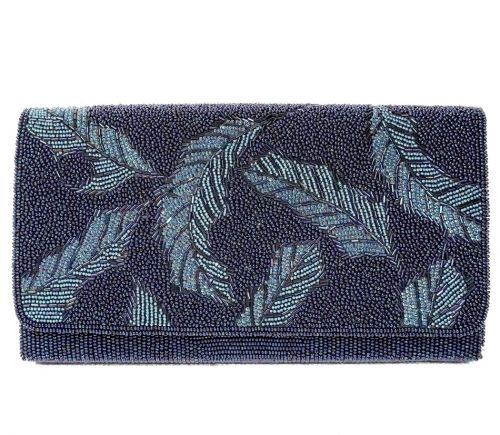 30% off! Showa Retro Beads Clutch Bag Party/Kimono Bag Width 21.5 cm Height 13 cm The leaf pattern and navy color are wonderful! ATN