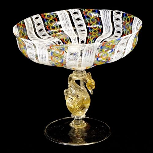 Italy Venetian glass Murano lace glass swan stem compote Beautiful masterpiece with clear craftsmanship Diameter 18 cm Height 17 cm Repair marks SHM