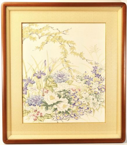 Showa vintage crepe picture Hyakka Ryoranzu No. 8 size Framed item Width 55 cm Height 62.5 cm A beautiful gem with pale colors! Estate Sale YKT