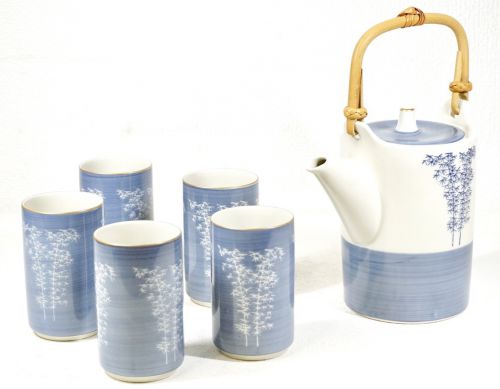 50% off! Showa Vintage Kyoto Tachikichi bamboo grove pattern tea utensil set teapot, tea cup 5 customers unused dead stock taste of tea utensil set KNA
