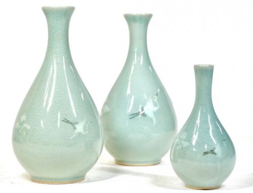 50% off! Period Goryeo Celadon Flying Crane Celadon Vase 3 Vase Height 16.5cm.16cm.11cm Estate Sale KNA