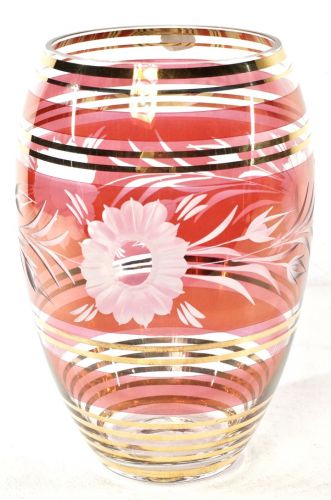 チェコスロバキア ボヘミアクリスタルガラス ハンドカットフラワーベース 花瓶 高さ20cm 金彩とクランベリーカラーが素敵な逸品 AYS