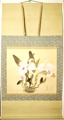 50% off! Showa Vintage Yuki Tendo "Western Orchid" True Kakejiku Silk Hand-painted Box A gem that beautifully depicts the Western column that blooms pretty! Estate Sale AYS