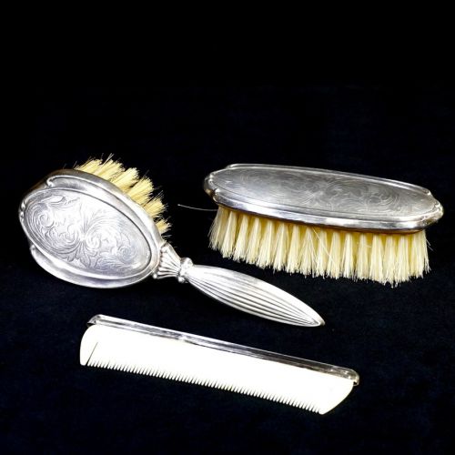 Vintage Italian grooming brush set of 3 silver decorations for cleaning clothes, hair and shoes! Estate sale ATN with original box