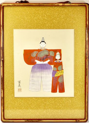 Showa period taste hand-painted colored paper painting! Fumisaku "Standing Dolls" Bamboo framed item Width 35 cm Depth 2 cm Height 47.5 cm Painting Japanese painting Hinamatsuri IJS