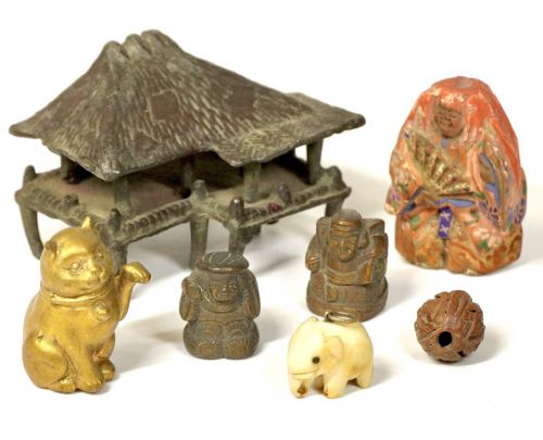 日本のアンティーク　様々な材質の味わいミニチュア像　7体 銅製　木彫りなど　味わい置物・人形 恵比寿・大黒天・招き猫・象など　MYK