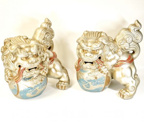 Period Tamajishi 2 Male Ceramic Good Luck Figurine Width 30cm Height 30cm Estate Sale SST