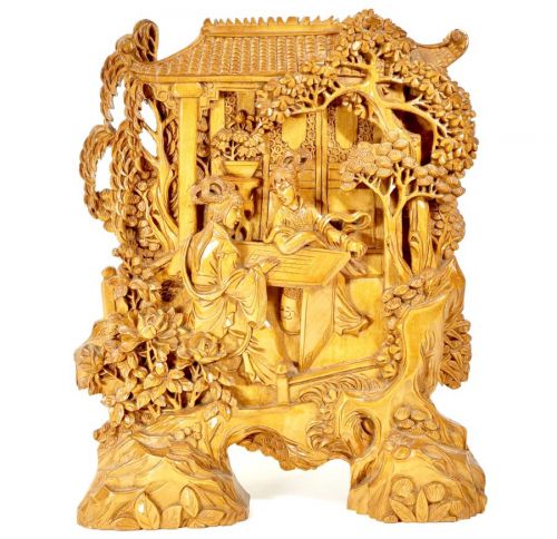 Chinese Antiques Chinese Antiques Fine Open Carving Rokaku Figure Landscape Crest Screen Width 20 cm Depth 5 cm Height 25 cm The open carving, trees, and detailed carvings of people are wonderful gems! FYO