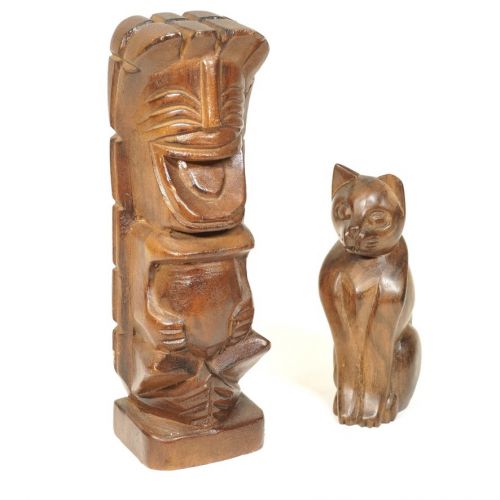 Vintage Itto Sculpture 2 Wooden Statues Hawaii Tiki Statue Width 5cm Height 15.5cm Balinese Cat Statue Width 3.5cm Height 10cm A small object with a tropical atmosphere IFS