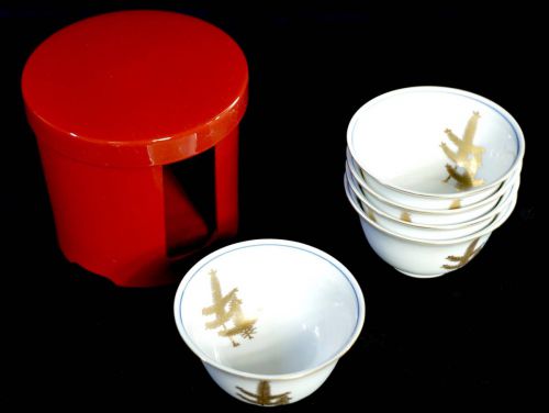Sold out! Showa vintage Kyoto ware Kiyomizu ware Mizukazukuri Matsumon tea cup 5 customers assortment Vermillion storage box With original box Unused dead stock Estate sale IJS