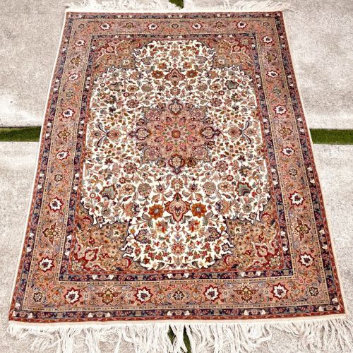 Persian Handwoven Carpet 1980s Isfahan Shah Abbas Eslim Cork Wool Dozar Size Plant Dyed Width 154cm Depth 204cm IJS