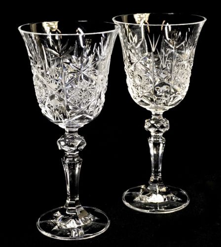 Czechoslovakia Bohemia crystal glass hand cut wine glass pair 2 customer set height 18cm unused dead stock MYK
