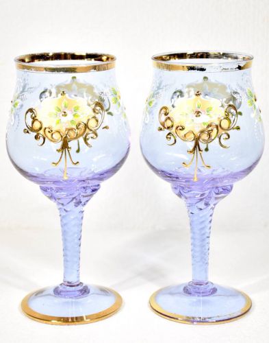 Sold Out! Italian Vintage Murano Venetian Glass Genuine Gold Ayaka Crest Enamel Twist Stem Wine Glass Set of 2 IJS