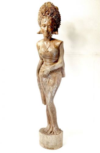 50%OFF！ インドネシア　バリ島 一刀彫女性像 紫檀 木製オブジェ 幅25㎝ 高さ112㎝ 一本の丸太から手彫で作られた素晴らしい逸品　ATN