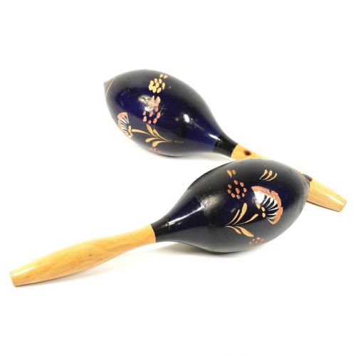 Sold Out! Shaker Wood Maracas Wooden Hand-Carved Floral Pattern Indigo Blue 2 Pairs Popular Egg Shape Diameter 7cm Height 27cm HYK