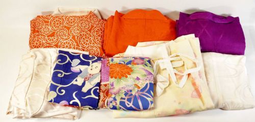 Showa retro old cloth kimono 7 piece set creative handmade fabric silk embroidery remake antique vintage good old Showa! AAT