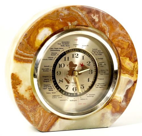 ビンテージ 1980年代 LORD KING 縞瑪瑙製 世界時計 置時計 グリーンオニックス ワールドクロック 幅25㎝ 高さ23㎝ 重さ4.6kg 稼働品 IJS